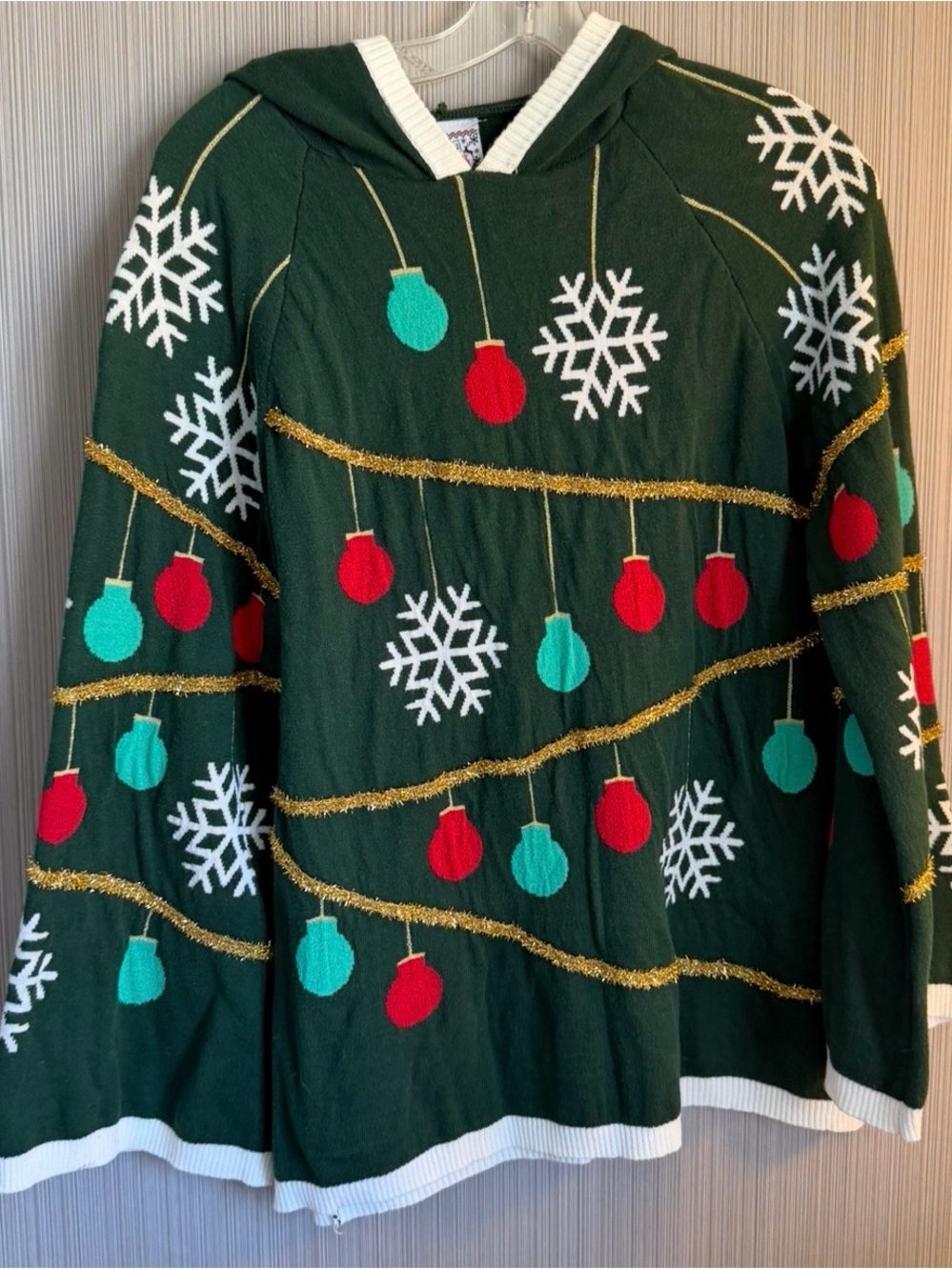 Holiday Sweater  Green Hooded Sweater with Ornament & Snowflake Design L